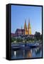 Germany, Bavaria, Regensburg, Danube Shore, Dusk, Cathedral-Chris Seba-Framed Stretched Canvas