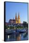 Germany, Bavaria, Regensburg, Danube Shore, Dusk, Cathedral-Chris Seba-Framed Stretched Canvas