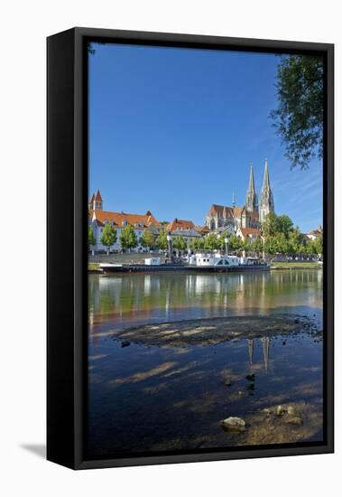 Germany, Bavaria, Regensburg, Danube Shore, Museum Ship, Cathedral-Chris Seba-Framed Stretched Canvas