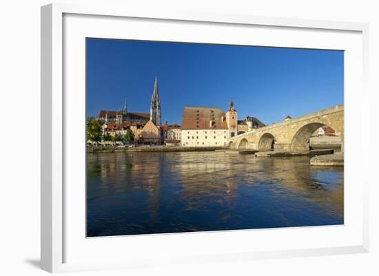 Germany, Bavaria, Regensburg, the Danube, Old Stone Bridge, Cathedral, Salzstadel House-Chris Seba-Framed Photographic Print