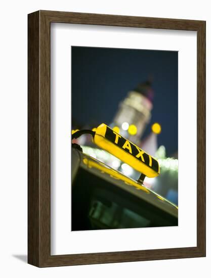 Germany, Berlin, Christmas Market, Taxi with Deutscher Dom, Dusk-Walter Bibikow-Framed Photographic Print