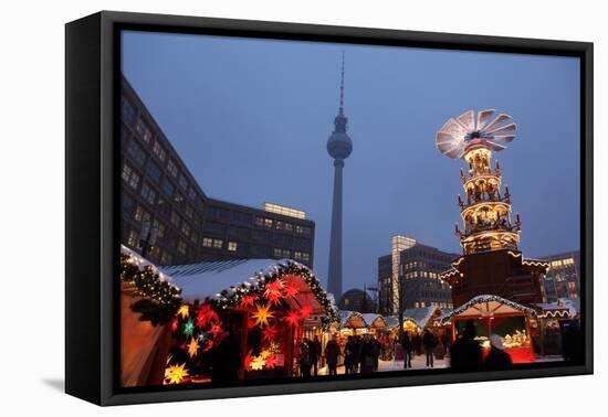 Germany, Berlin, Dusk, Alexanderplatz, Christmas Market, Pyramid, Television Tower-Catharina Lux-Framed Stretched Canvas