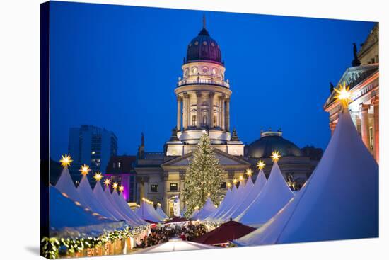 Germany, Berlin, Mitte, Gendarmenmarkt, Christmas Market, Elevated View with Deutscher Dom-Walter Bibikow-Stretched Canvas