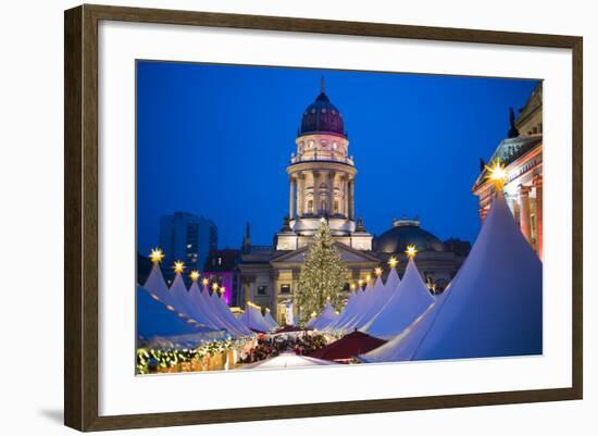 Germany, Berlin, Mitte, Gendarmenmarkt, Christmas Market, Elevated View with Deutscher Dom-Walter Bibikow-Framed Photographic Print