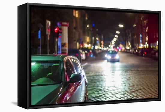 Germany, Berlin, Savigny Platz, Bmw and Bleibtreustrasse, Evening-Walter Bibikow-Framed Stretched Canvas