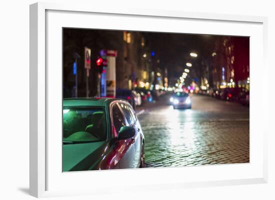 Germany, Berlin, Savigny Platz, Bmw and Bleibtreustrasse, Evening-Walter Bibikow-Framed Photographic Print