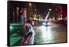 Germany, Berlin, Savigny Platz, Bmw and Bleibtreustrasse, Evening-Walter Bibikow-Framed Stretched Canvas