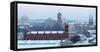Germany, Berlin, Snow, View at Red City Hall, St. Nicholas' Church-Catharina Lux-Framed Stretched Canvas