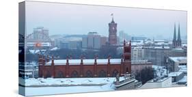 Germany, Berlin, Snow, View at Red City Hall, St. Nicholas' Church-Catharina Lux-Stretched Canvas
