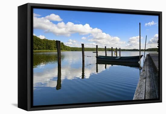 Germany, Brandenburg, Himmelpfort, Moderfitzsee, Jetty, Rowing Boat-Andreas Vitting-Framed Stretched Canvas