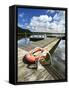 Germany, Brandenburg, Himmelpfort, Moderfitzsee, Jetty, Rowing Boats, Lifebelt-Andreas Vitting-Framed Stretched Canvas