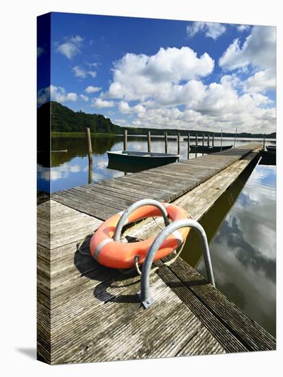 Germany, Brandenburg, Himmelpfort, Moderfitzsee, Jetty, Rowing Boats, Lifebelt-Andreas Vitting-Stretched Canvas
