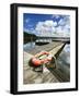 Germany, Brandenburg, Himmelpfort, Moderfitzsee, Jetty, Rowing Boats, Lifebelt-Andreas Vitting-Framed Photographic Print