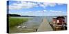 Germany, Brandenburg, Himmelpfort, Stolpsee, Jetty, Raft, Swans-Andreas Vitting-Stretched Canvas
