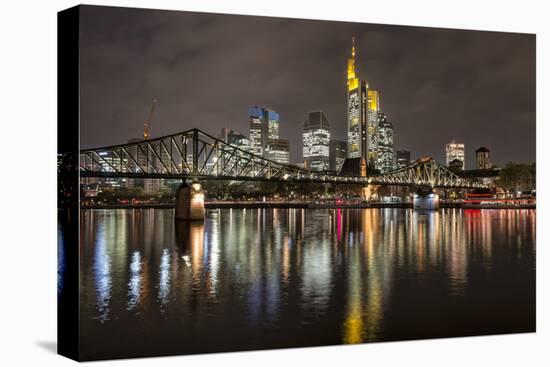 Germany, Hesse, Frankfurt Am Main, Financial District, Skyline with Iron Footbridge at Dusk-Bernd Wittelsbach-Stretched Canvas