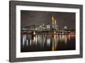 Germany, Hesse, Frankfurt Am Main, Financial District, Skyline with Iron Footbridge at Dusk-Bernd Wittelsbach-Framed Photographic Print