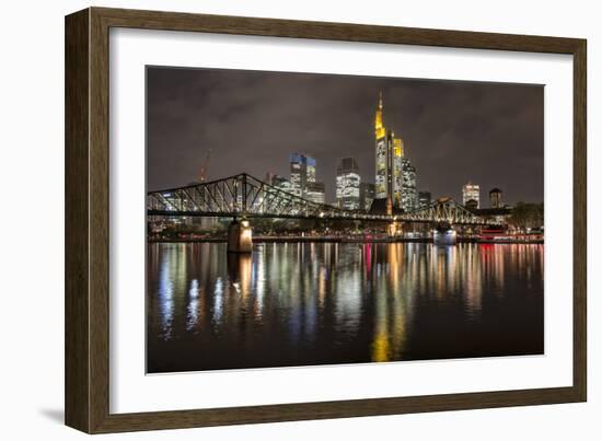 Germany, Hesse, Frankfurt Am Main, Financial District, Skyline with Iron Footbridge at Dusk-Bernd Wittelsbach-Framed Photographic Print