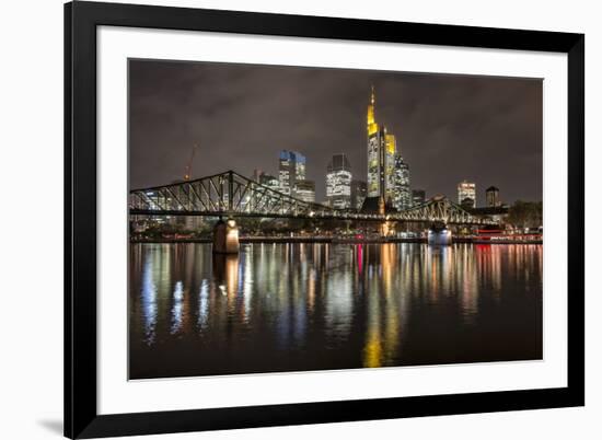 Germany, Hesse, Frankfurt Am Main, Financial District, Skyline with Iron Footbridge at Dusk-Bernd Wittelsbach-Framed Photographic Print