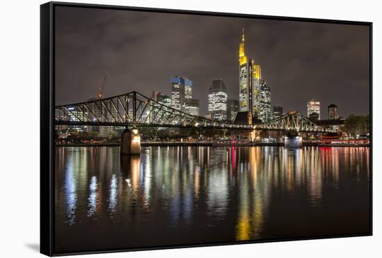 Germany, Hesse, Frankfurt Am Main, Financial District, Skyline with Iron Footbridge at Dusk-Bernd Wittelsbach-Framed Stretched Canvas