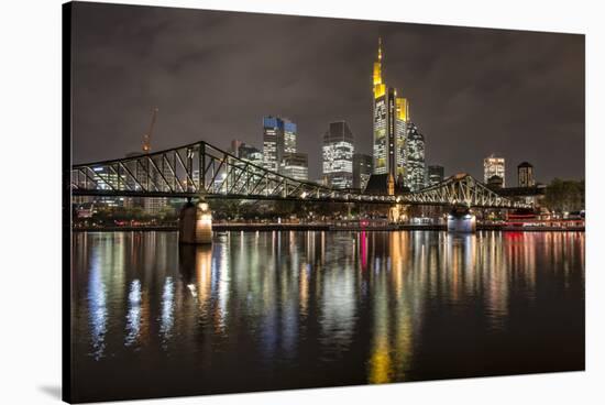 Germany, Hesse, Frankfurt Am Main, Financial District, Skyline with Iron Footbridge at Dusk-Bernd Wittelsbach-Stretched Canvas