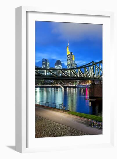 Germany, Hesse, Frankfurt Am Main, Financial District, Skyline with Iron Footbridge at Dusk-Bernd Wittelsbach-Framed Photographic Print