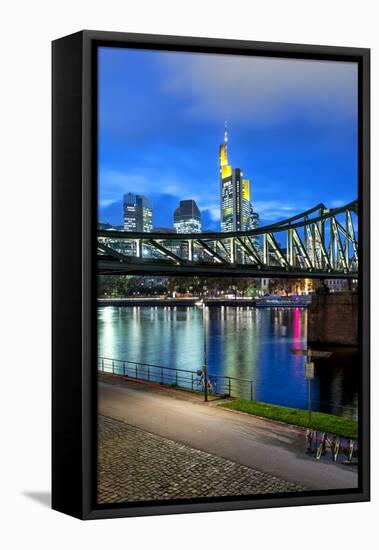 Germany, Hesse, Frankfurt Am Main, Financial District, Skyline with Iron Footbridge at Dusk-Bernd Wittelsbach-Framed Stretched Canvas