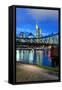 Germany, Hesse, Frankfurt Am Main, Financial District, Skyline with Iron Footbridge at Dusk-Bernd Wittelsbach-Framed Stretched Canvas