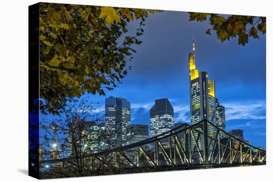 Germany, Hesse, Frankfurt Am Main, Financial District, Skyline with Iron Footbridge at Dusk-Bernd Wittelsbach-Stretched Canvas