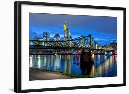 Germany, Hesse, Frankfurt Am Main, Financial District, Skyline with Iron Footbridge at Dusk-Bernd Wittelsbach-Framed Photographic Print