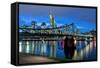 Germany, Hesse, Frankfurt Am Main, Financial District, Skyline with Iron Footbridge at Dusk-Bernd Wittelsbach-Framed Stretched Canvas