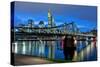 Germany, Hesse, Frankfurt Am Main, Financial District, Skyline with Iron Footbridge at Dusk-Bernd Wittelsbach-Stretched Canvas