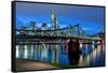 Germany, Hesse, Frankfurt Am Main, Financial District, Skyline with Iron Footbridge at Dusk-Bernd Wittelsbach-Framed Stretched Canvas