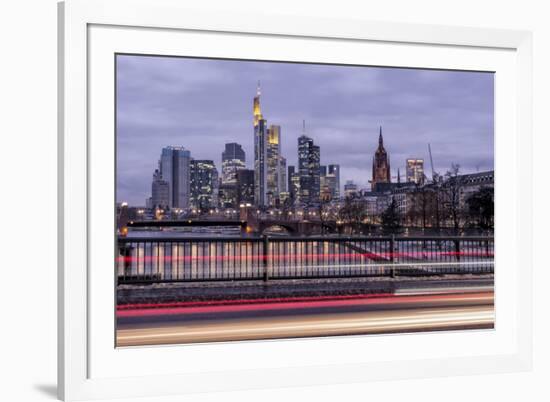 Germany, Hesse, Frankfurt on the Main, Skyline at Dusk, Light Tracks of Passing Cars-Bernd Wittelsbach-Framed Photographic Print