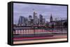 Germany, Hesse, Frankfurt on the Main, Skyline at Dusk, Light Tracks of Passing Cars-Bernd Wittelsbach-Framed Stretched Canvas