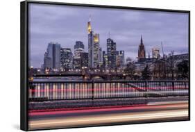 Germany, Hesse, Frankfurt on the Main, Skyline at Dusk, Light Tracks of Passing Cars-Bernd Wittelsbach-Framed Photographic Print