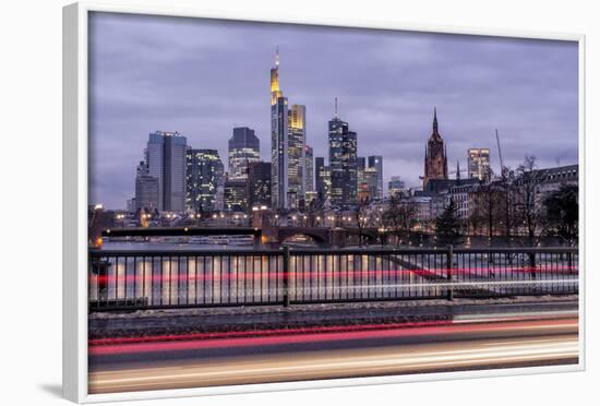 Germany, Hesse, Frankfurt on the Main, Skyline at Dusk, Light Tracks of Passing Cars-Bernd Wittelsbach-Framed Photographic Print