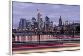 Germany, Hesse, Frankfurt on the Main, Skyline at Dusk, Light Tracks of Passing Cars-Bernd Wittelsbach-Framed Photographic Print