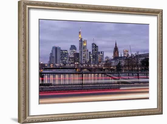 Germany, Hesse, Frankfurt on the Main, Skyline at Dusk, Light Tracks of Passing Cars-Bernd Wittelsbach-Framed Photographic Print