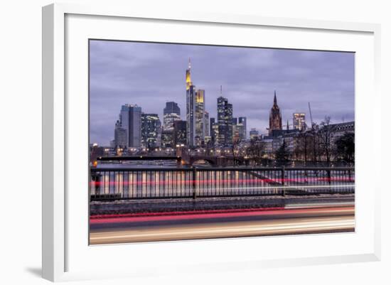 Germany, Hesse, Frankfurt on the Main, Skyline at Dusk, Light Tracks of Passing Cars-Bernd Wittelsbach-Framed Photographic Print