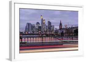 Germany, Hesse, Frankfurt on the Main, Skyline at Dusk, Light Tracks of Passing Cars-Bernd Wittelsbach-Framed Photographic Print