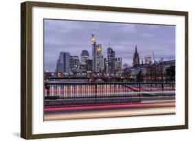 Germany, Hesse, Frankfurt on the Main, Skyline at Dusk, Light Tracks of Passing Cars-Bernd Wittelsbach-Framed Photographic Print