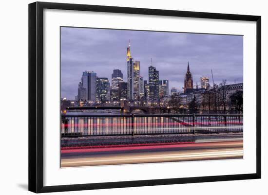 Germany, Hesse, Frankfurt on the Main, Skyline at Dusk, Light Tracks of Passing Cars-Bernd Wittelsbach-Framed Photographic Print