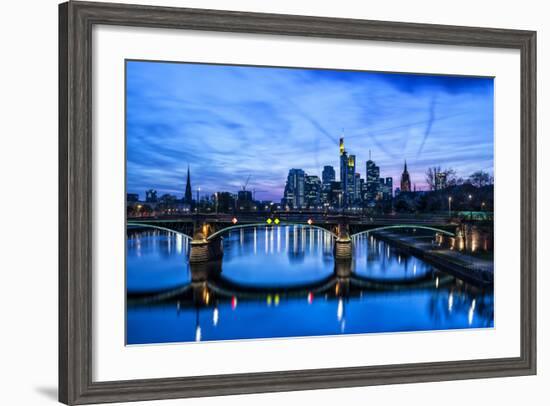 Germany, Hesse, Frankfurt on the Main, Skyline with Ignaz Bubis Bridge at Dusk-Bernd Wittelsbach-Framed Photographic Print