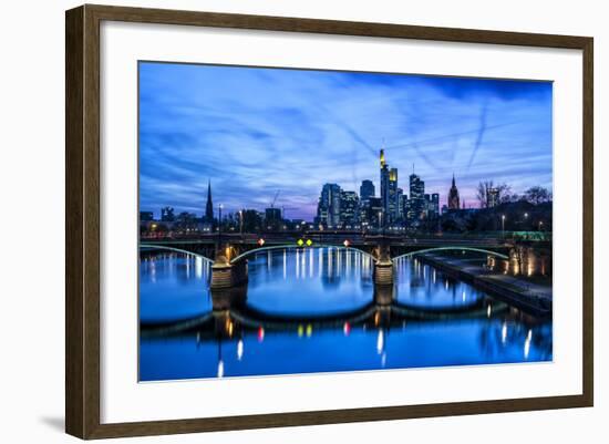 Germany, Hesse, Frankfurt on the Main, Skyline with Ignaz Bubis Bridge at Dusk-Bernd Wittelsbach-Framed Photographic Print