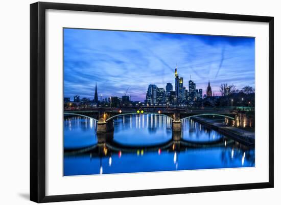 Germany, Hesse, Frankfurt on the Main, Skyline with Ignaz Bubis Bridge at Dusk-Bernd Wittelsbach-Framed Photographic Print