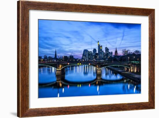 Germany, Hesse, Frankfurt on the Main, Skyline with Ignaz Bubis Bridge at Dusk-Bernd Wittelsbach-Framed Photographic Print