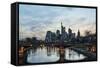 Germany, Hesse, Frankfurt on the Main, Skyline with Ignaz Bubis Bridge at Dusk-Bernd Wittelsbach-Framed Stretched Canvas