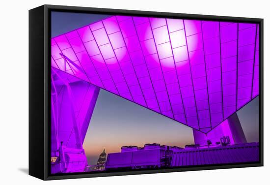 Germany, Hesse, Illuminateded Pyramid on the Roof of the Trianon Building in Frankfurt-Bernd Wittelsbach-Framed Stretched Canvas