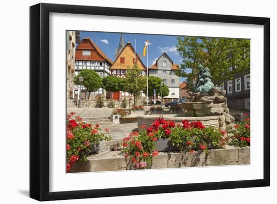 Germany, Hessen, Northern Hessen, Spangenberg, Town Hall Square, Fountain-Chris Seba-Framed Premium Photographic Print