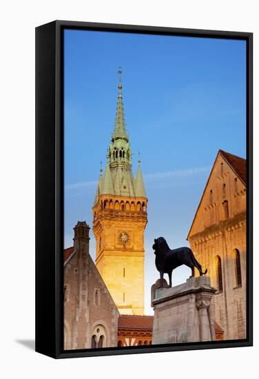 Germany, Lower Saxony, Braunschweig. the Tower from the Town Hall and Sculpture of the Lion-Ken Scicluna-Framed Stretched Canvas